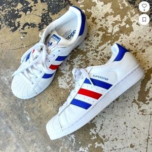 Adidas Superstar Shelltoe White Red & Blue Sneakers Size US 7.5M Excellent